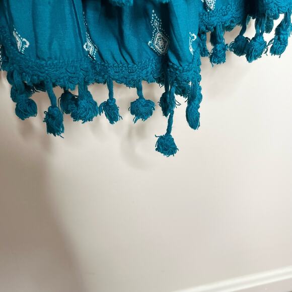 Jaase Womens Mini Dress Medium Teal Blue Tasseled Hem Ruffle Western Bohemian - Picture 11 of 11